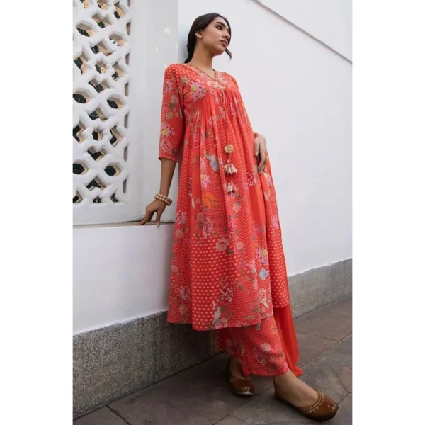 Janasya Women's Red Georgette Yoke Embroidery Kurta Set - Image 3