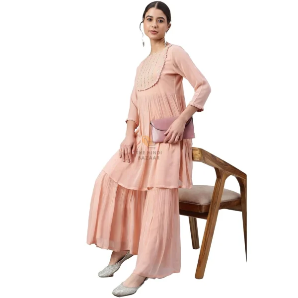 Janasya Women's Peach Georgette Kurta with Sharara - Image 2