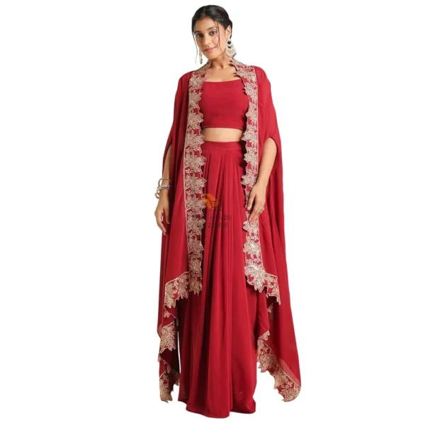 Janasya Women's Maroon Georgette Embroidered Crop Top Set