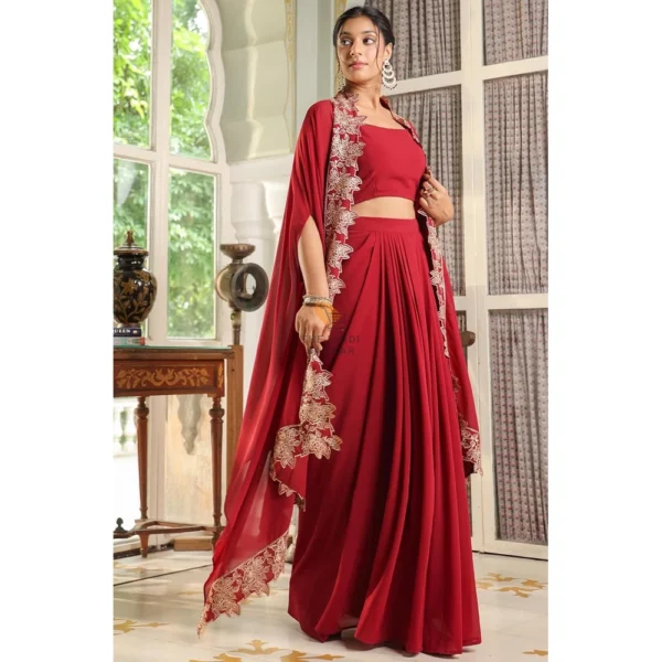 Janasya Women's Maroon Georgette Embroidered Crop Top Set - Image 7